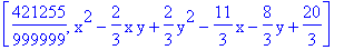 [421255/999999, x^2-2/3*x*y+2/3*y^2-11/3*x-8/3*y+20/3]